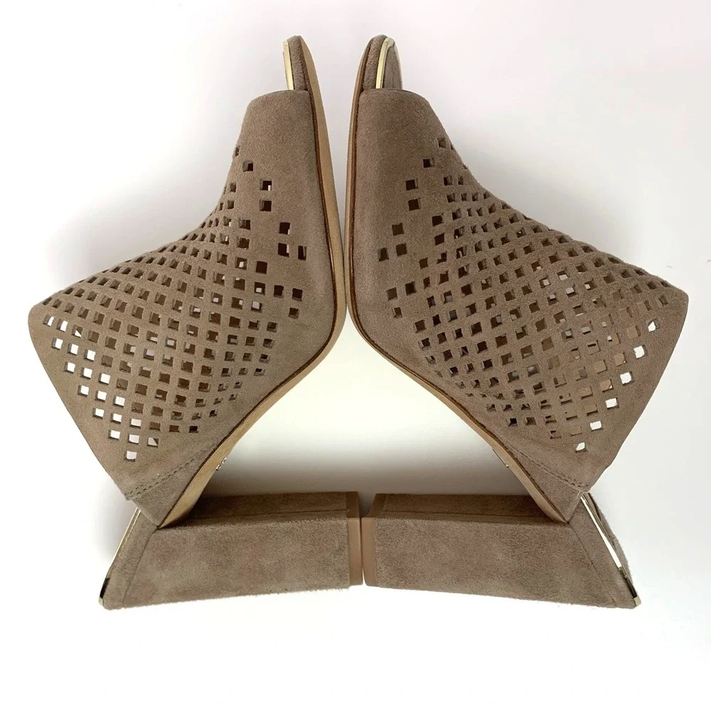 New Diane von Furstenberg Taviano Laser Cut Suede Leather Mule Sandals 6.5 Taupe